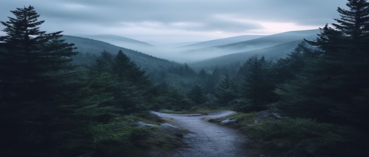 Misty mountain trail winding through evergreen forest at dawn
